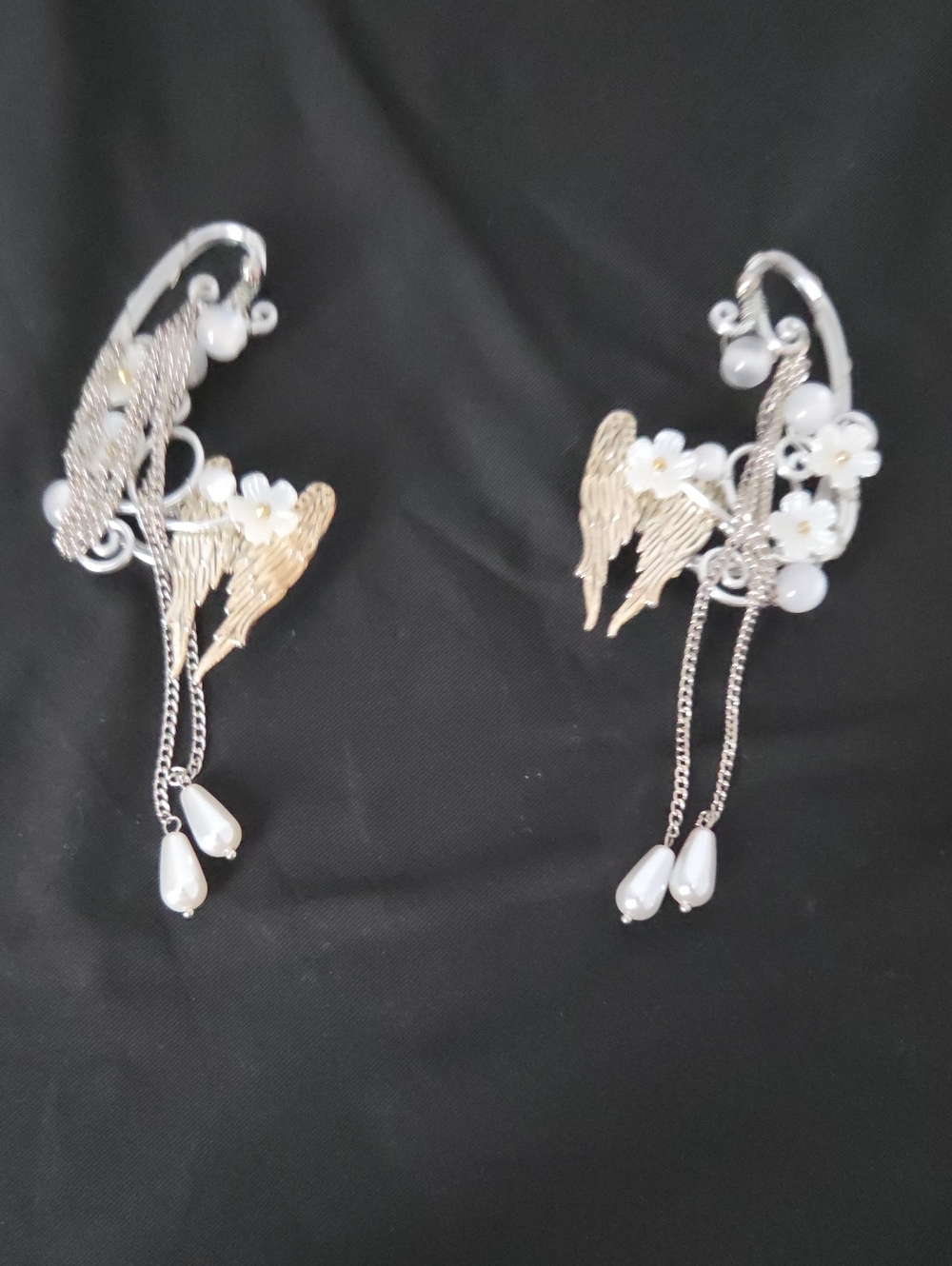 Floral Wing Pearl Drop Ear Cuffs - Silver & Gold